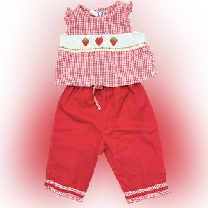 Silly Goose Red Seersucker Strawberry Smocked Top & Pants Set Size 2t